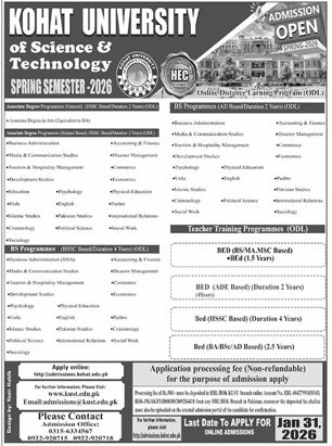 Admission notice for Kohat University Of Science & Technology, Khyber